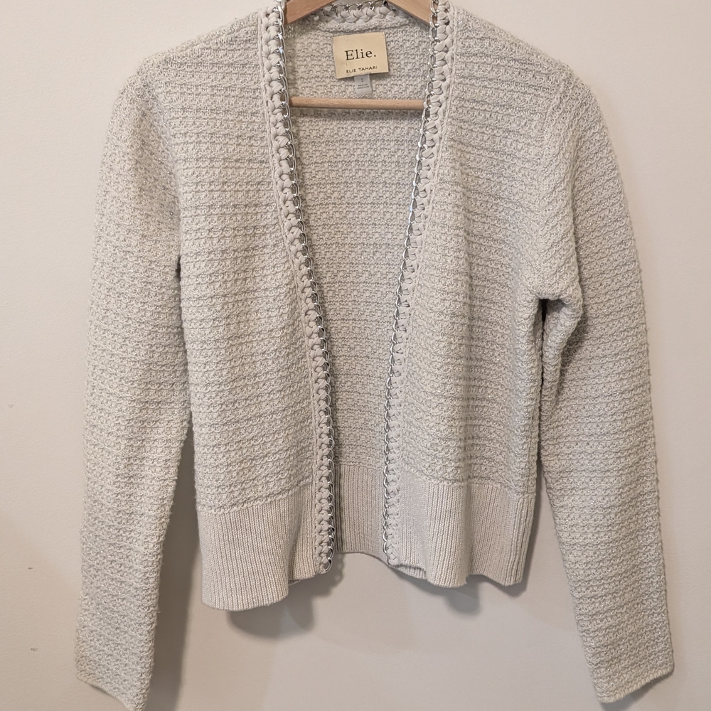 Elie By Elie Tahari Women's Cream Silver Metallic Chain Detail Open Cardigan S